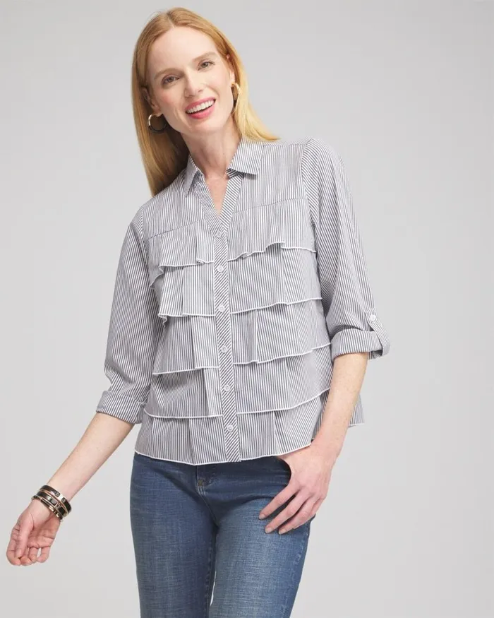 Chico039s Tops Poplin Stripe Ruffle Shirt Classic Navy 8211 Clothing