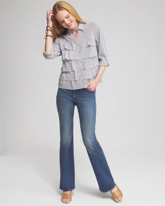 Chico039s Tops Poplin Stripe Ruffle Shirt Classic Navy 8211 Clothing