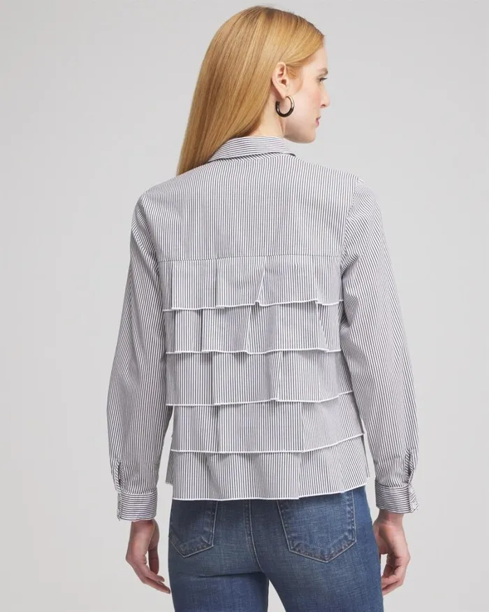 Chico039s Tops Poplin Stripe Ruffle Shirt Classic Navy 8211 Clothing