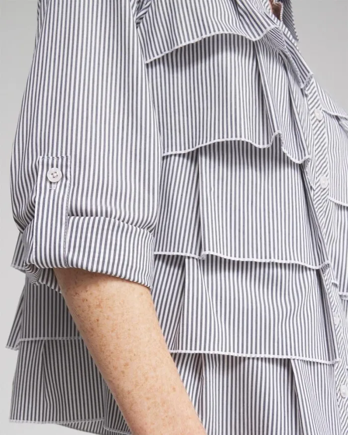 Chico039s Tops Poplin Stripe Ruffle Shirt Classic Navy 8211 Clothing