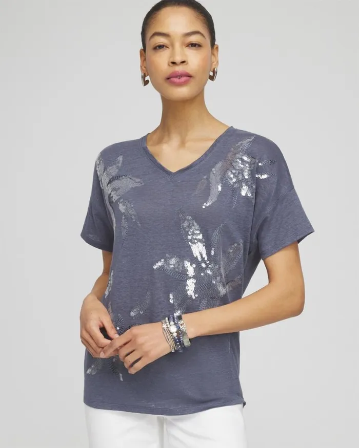 Chico039s Tops Slate Linen Sequin Tee Soft Slate 8211 Clothing