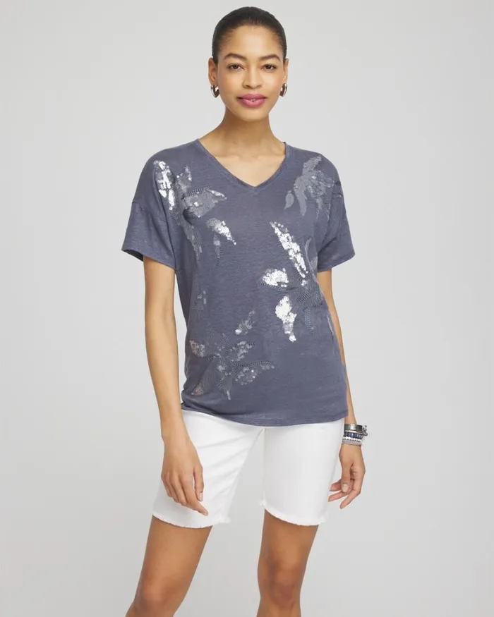 Chico039s Tops Slate Linen Sequin Tee Soft Slate 8211 Clothing