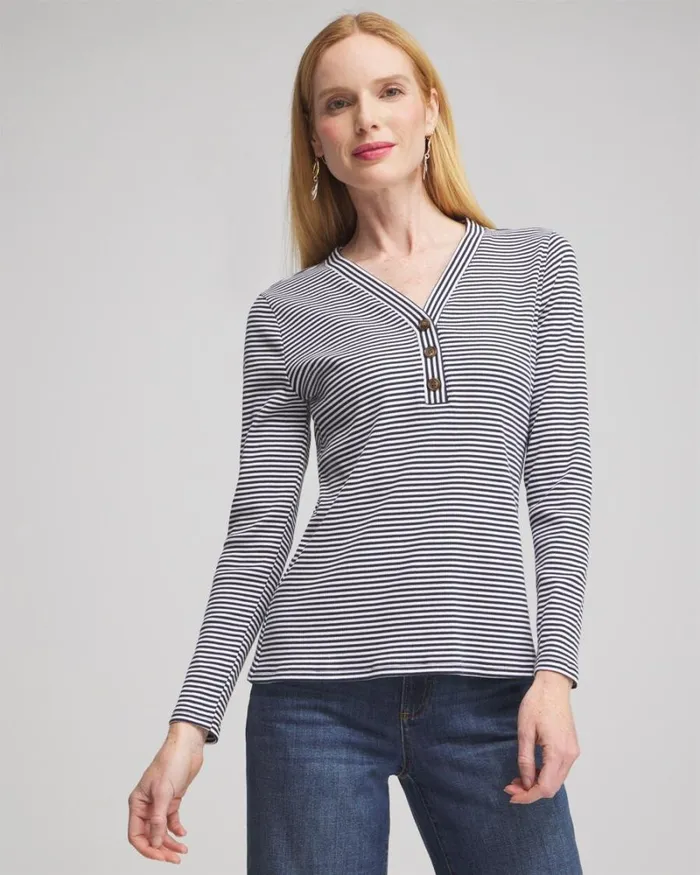 Chico039s Tops Stripe Ribbed Henley Tee Classic Navy 8211 Clothing