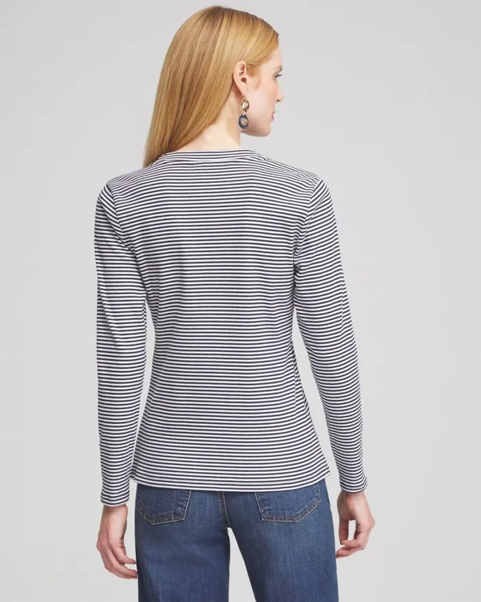Chico039s Tops Stripe Ribbed Henley Tee Classic Navy 8211 Clothing