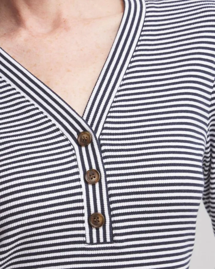 Chico039s Tops Stripe Ribbed Henley Tee Classic Navy 8211 Clothing