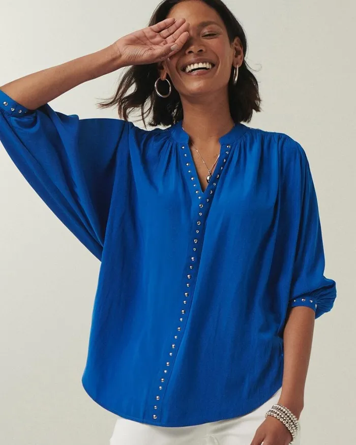 Chico039s Tops Stud Trim Top Intense Azure 8211 Clothing
