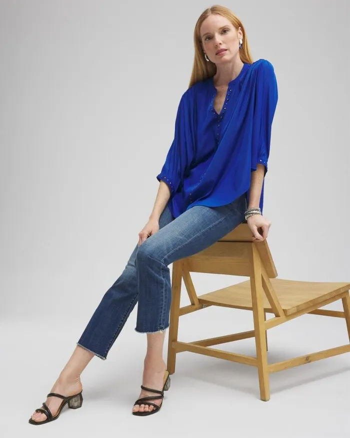 Chico039s Tops Stud Trim Top Intense Azure 8211 Clothing