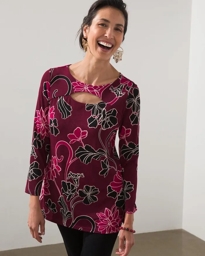 Chico039s Tops Travelers Print Keyhole Top Deep Chianti 8211 Clothing