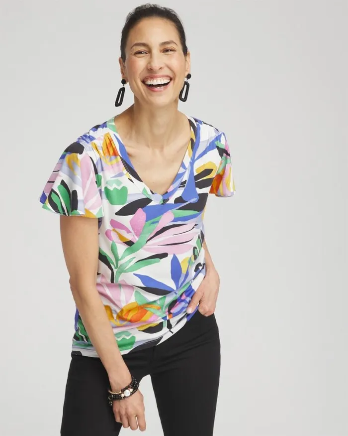 Chico039s Tops Tropical Flutter Sleeve Tee Purple Nightshade 8211 Clothing