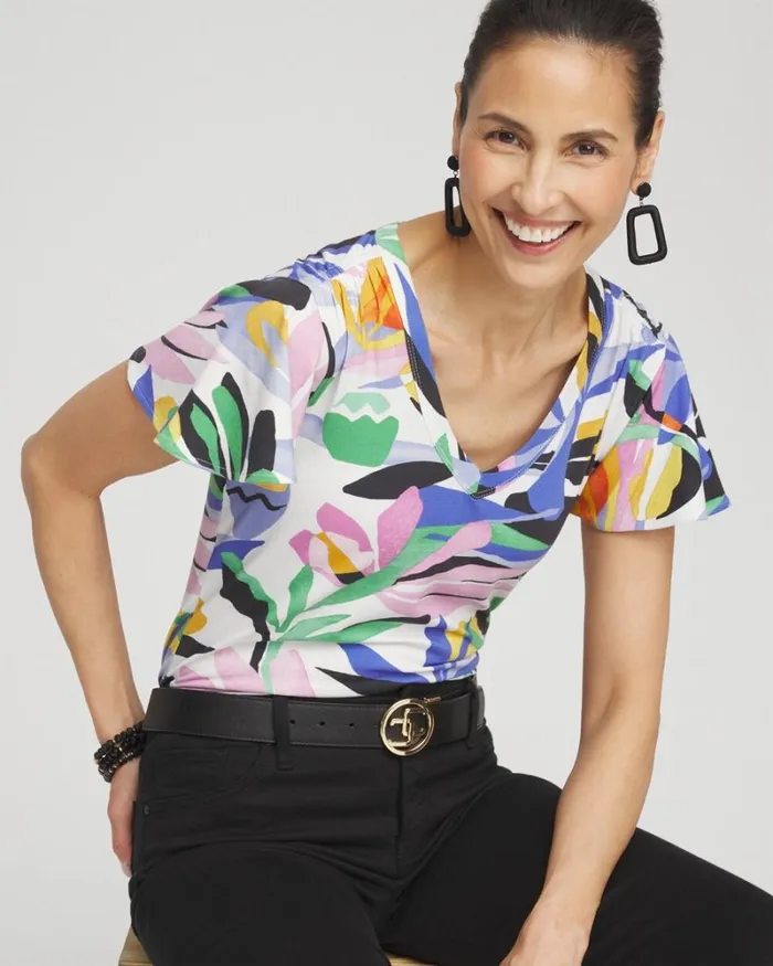 Chico039s Tops Tropical Flutter Sleeve Tee Purple Nightshade 8211 Clothing