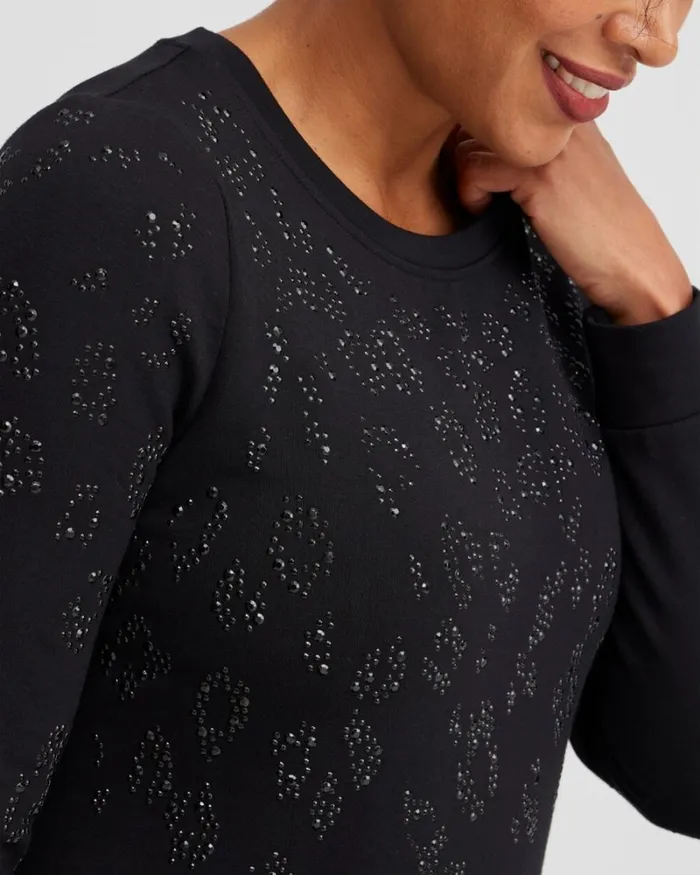 Chico039s Tops Zenergy Embellished Animal Print Top Black 8211 Clothing
