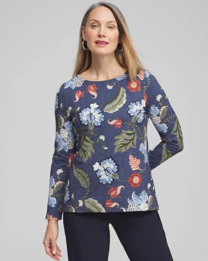 Chico039s Tops Zenergy Floral Pullover Classic Navy 8211 Clothing
