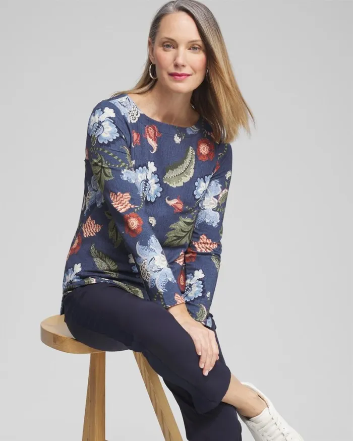 Chico039s Tops Zenergy Floral Pullover Classic Navy 8211 Clothing