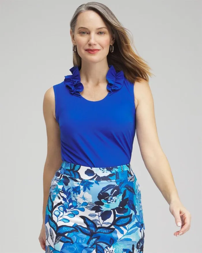 Chico039s Tops Zenergy Ruffle Neck Tank Intense Azure 8211 Clothing