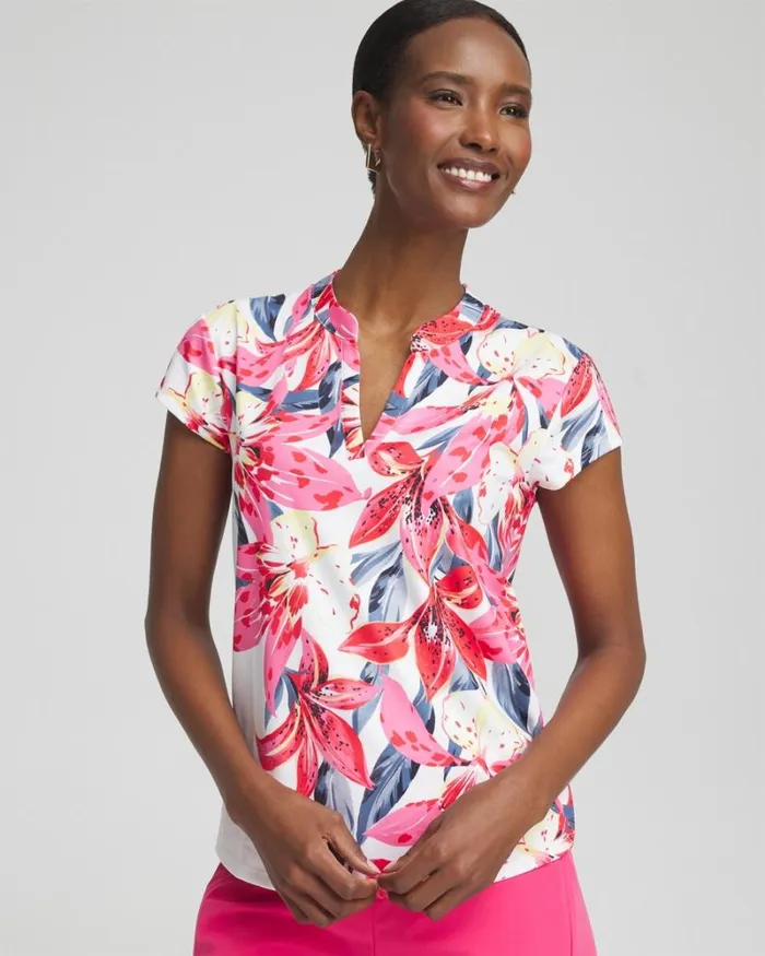 Chico039s Tops Zenergy UPF Floral Cap Sleeve Polo Pink Bromeliad 8211 Clothing Chico039s Tops Zenergy UPF Floral Cap Sleeve Polo Pink Bromeliad 8211 Clothing