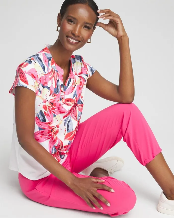 Chico039s Tops Zenergy UPF Floral Cap Sleeve Polo Pink Bromeliad 8211 Clothing