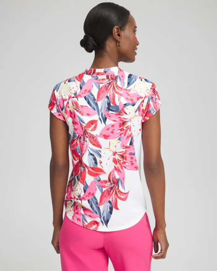 Chico039s Tops Zenergy UPF Floral Cap Sleeve Polo Pink Bromeliad 8211 Clothing