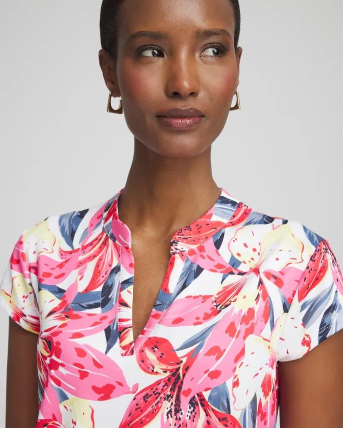Chico039s Tops Zenergy UPF Floral Cap Sleeve Polo Pink Bromeliad 8211 Clothing