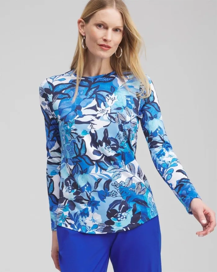 Chico039s Tops Zenergyu00AE UPF Floral Sun Tee Intense Azure 8211 Clothing