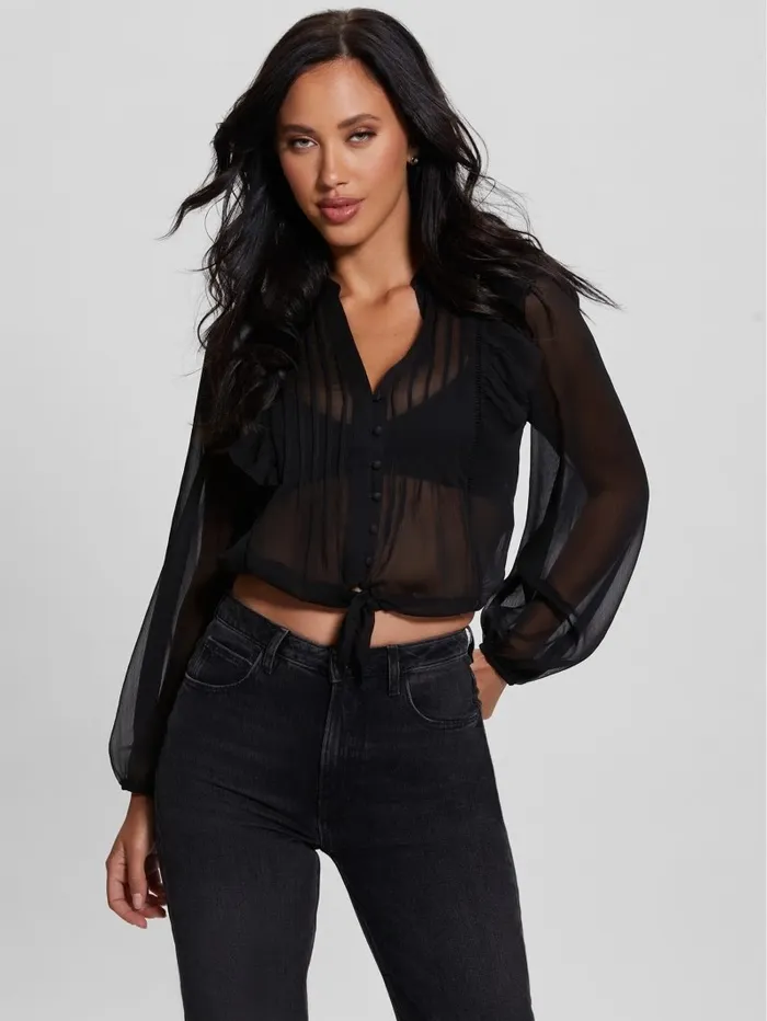 Eco Dionne Chiffon TieFront Top Black Women Tops GUESS