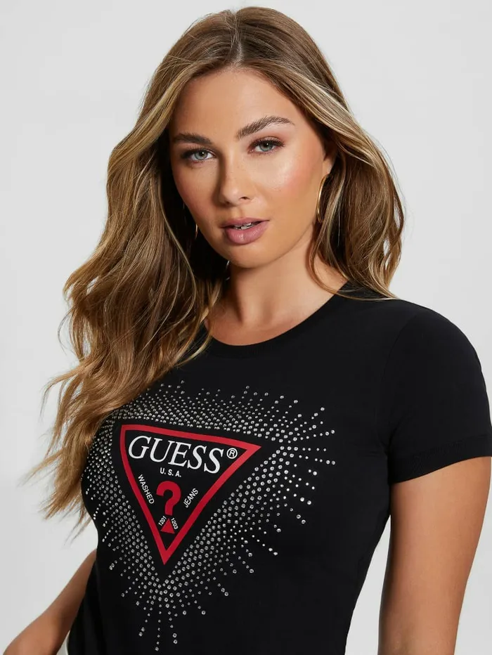 Eco Signature Rhinestone Tee Black Tops GUESS Women
