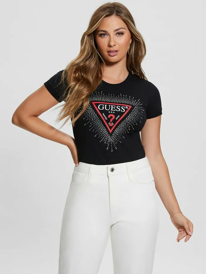 Eco Signature Rhinestone Tee Black Tops GUESS Women