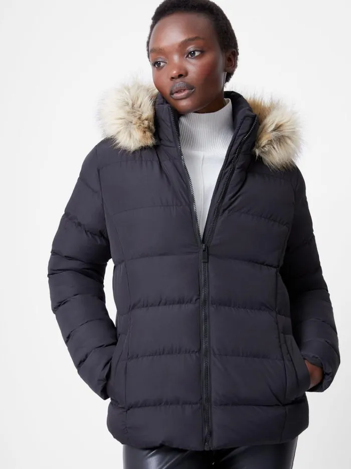 French Connection Coats and Jackets Faux Fur Hooded Puffer Jacket Black 8211 Woman