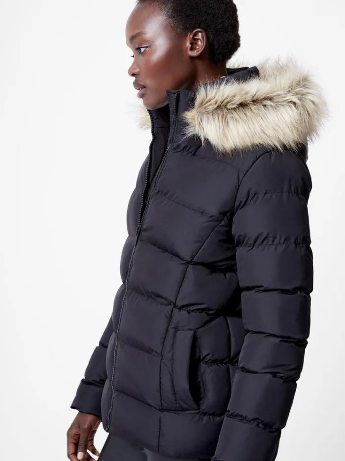 French Connection Coats and Jackets Faux Fur Hooded Puffer Jacket Black 8211 Woman
