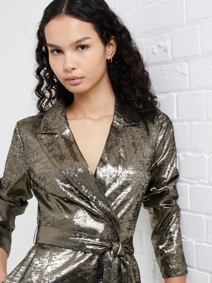 French Connection Dresses Alara Molten Metallic Tuxedo Mini Dress Metallic 8211 Woman