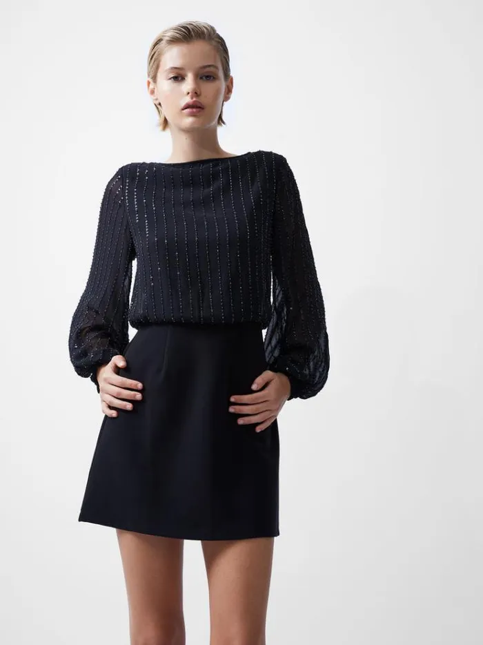 French Connection Dresses Effy Sequin Slash Neck Long Sleeve Dress Blackout Multi 8211 Woman