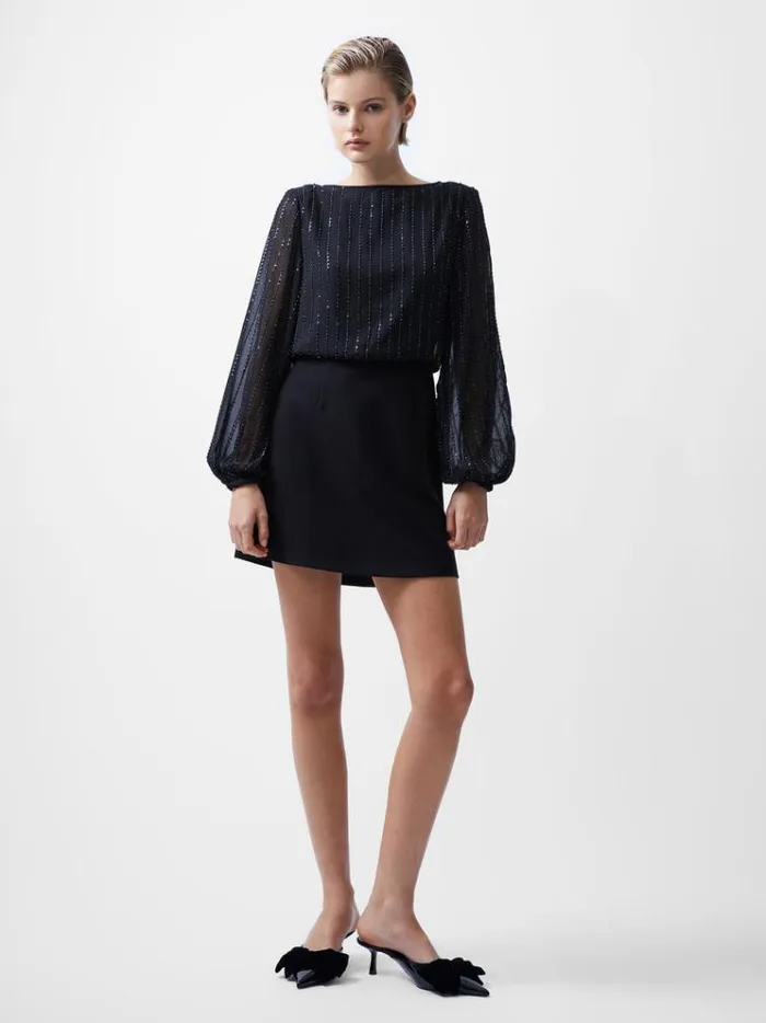 French Connection Dresses Effy Sequin Slash Neck Long Sleeve Dress Blackout Multi 8211 Woman