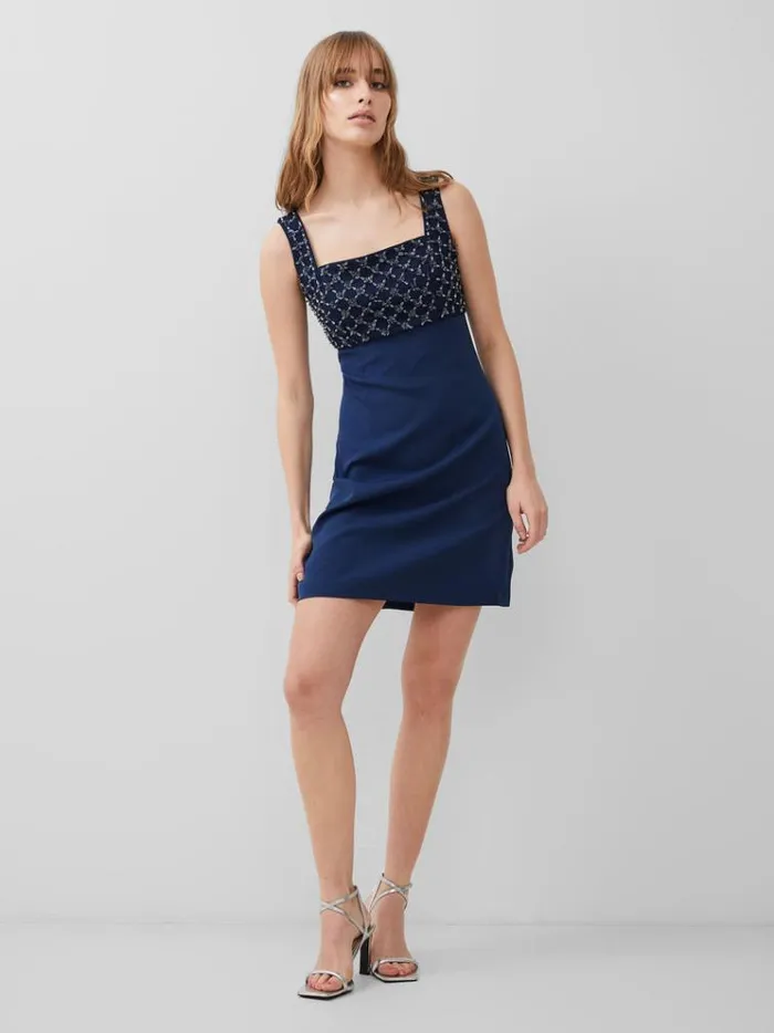 French Connection Dresses Embroidered Darcy Crepe Mini Dress Midnight Blue 8211 Woman
