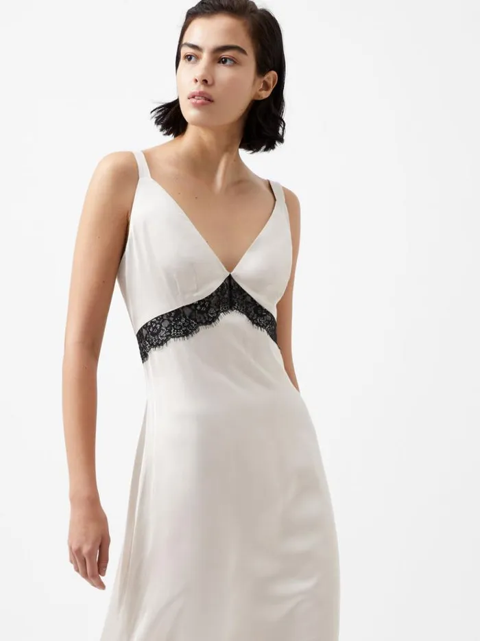 French Connection Dresses Ennis Eco Satin Lace Dress Classic Creamblacko 8211 Woman