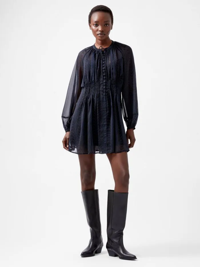 French Connection Dresses Grace Artemis Long Sleeve Ruffle Mini Dress Blackoutchrome Blue 8211 Woman