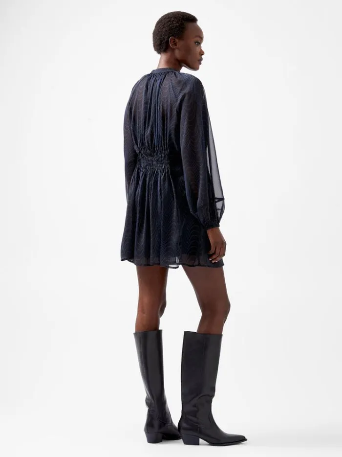 French Connection Dresses Grace Artemis Long Sleeve Ruffle Mini Dress Blackoutchrome Blue 8211 Woman