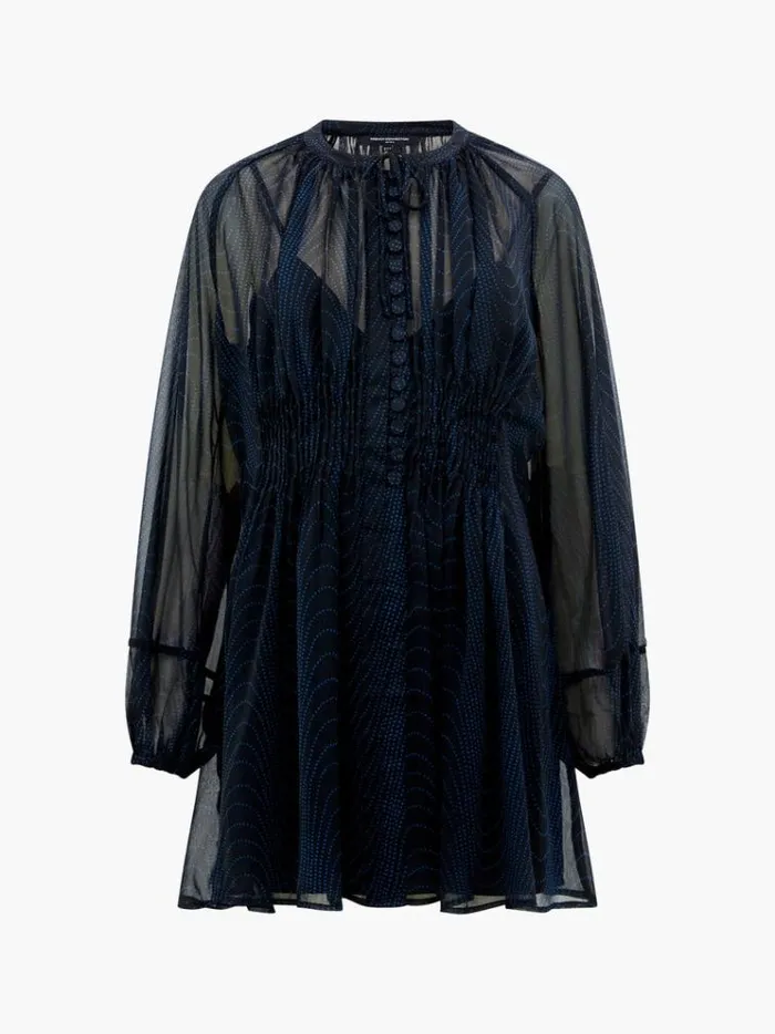 French Connection Dresses Grace Artemis Long Sleeve Ruffle Mini Dress Blackoutchrome Blue 8211 Woman