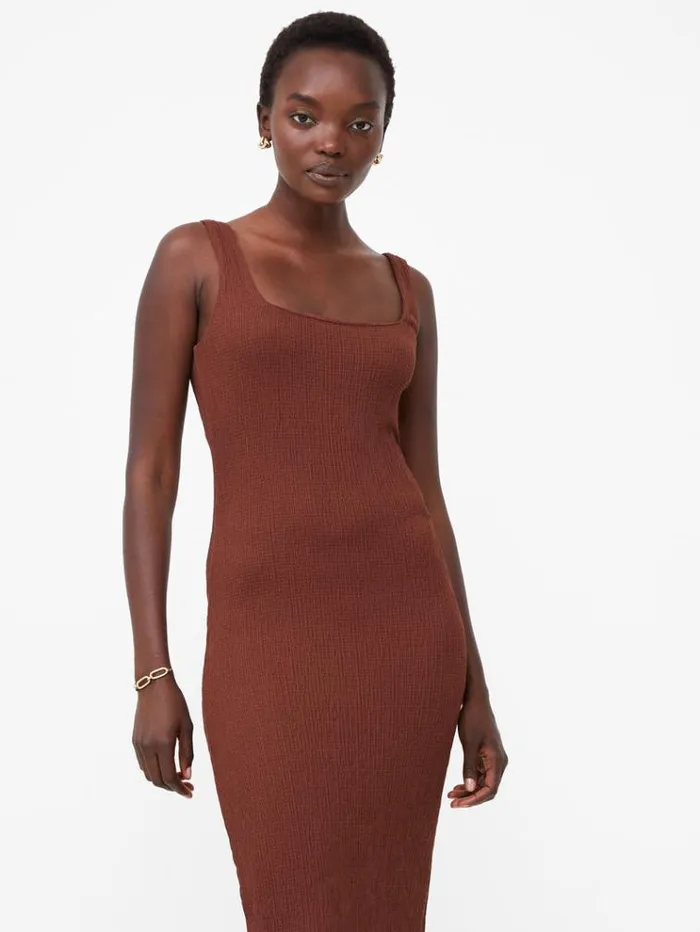 French Connection Dresses Textured Square Neck Midi Dress Chocolate Fondant 8211 Woman