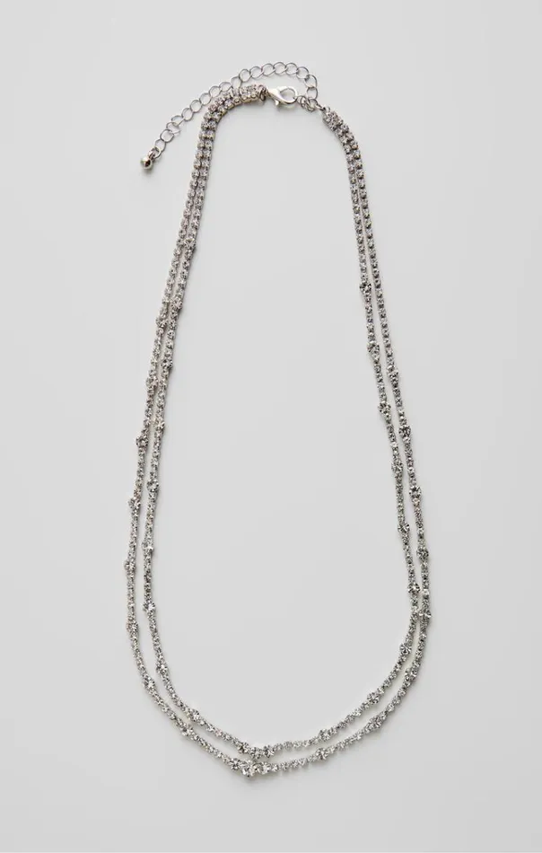 French Connection Jewellery Double Row Diamante Necklace Silverdiamante 8211 Woman