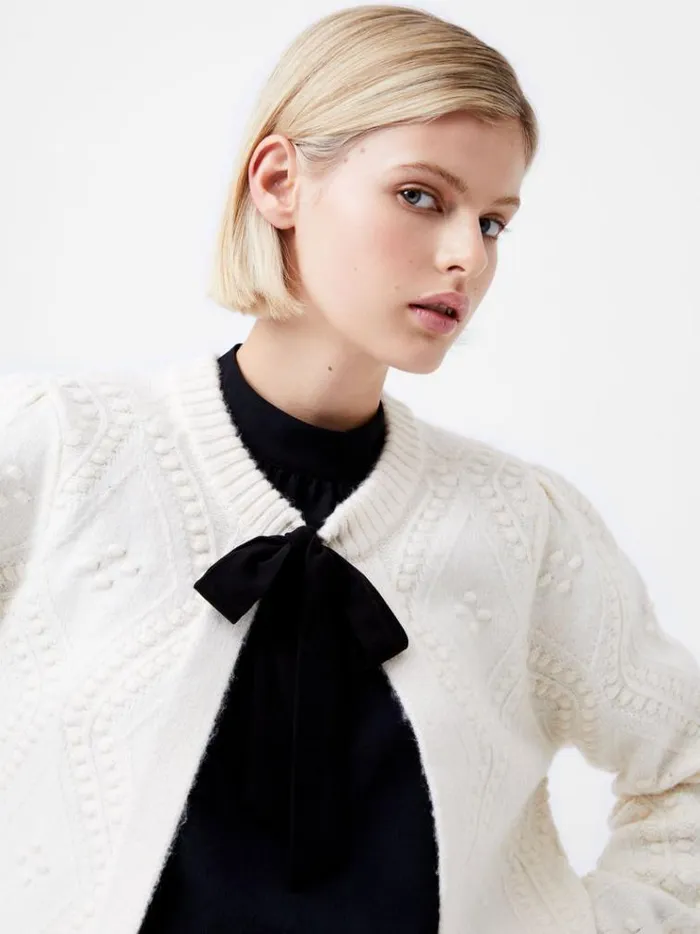French Connection Jumpers and Cardigans Kitty Recycled Bobble Bow Cardigan Winter White 8211 Woman