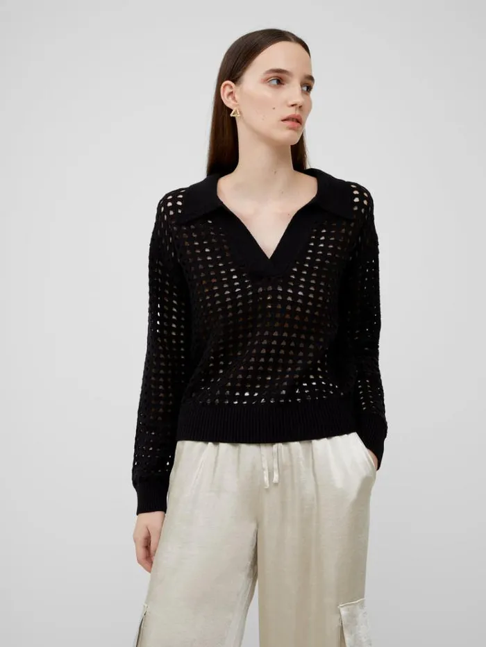 French Connection Jumpers and Cardigans Manda Pointelle Collared Jumper Blackout 8211 Woman