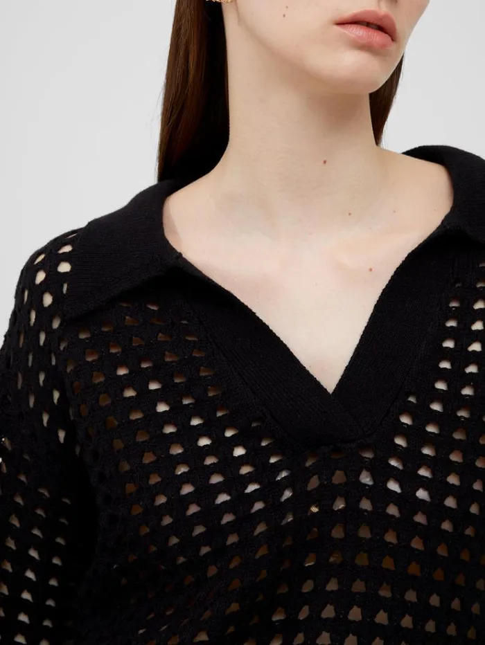 French Connection Jumpers and Cardigans Manda Pointelle Collared Jumper Blackout 8211 Woman
