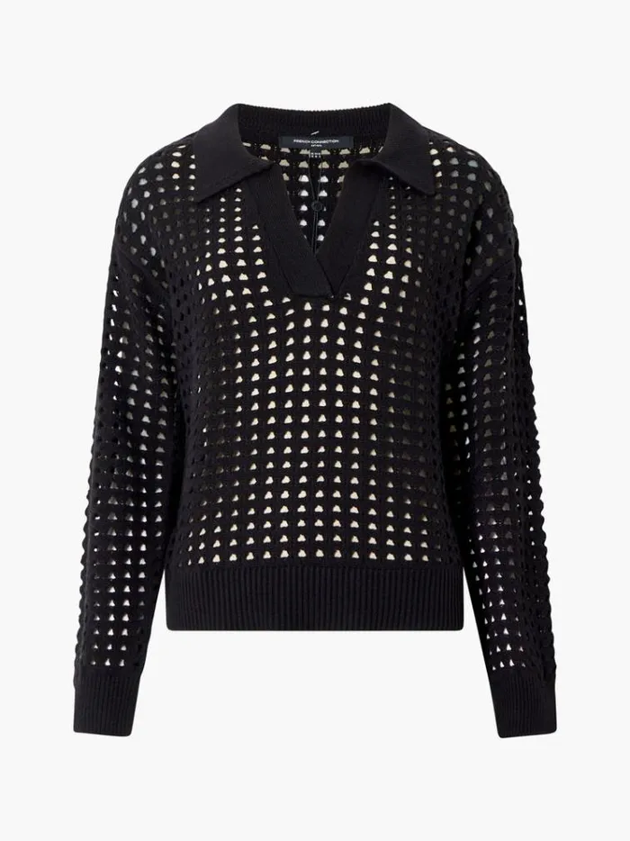 French Connection Jumpers and Cardigans Manda Pointelle Collared Jumper Blackout 8211 Woman