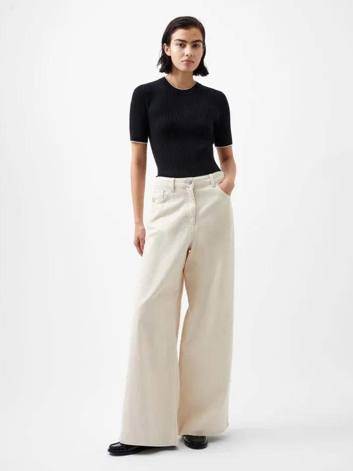 French Connection Jumpers and Cardigans Mozza Short Sleeve Jumper Blackoutclass Cream 8211 Woman