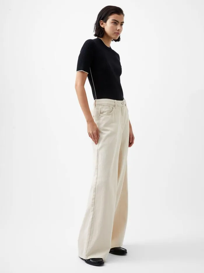 French Connection Jumpers and Cardigans Mozza Short Sleeve Jumper Blackoutclass Cream 8211 Woman
