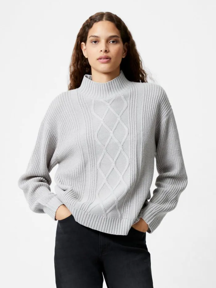 French Connection Jumpers and Cardigans Premium Placement Cable Knit Jumper Lgt Grey 8211 Woman