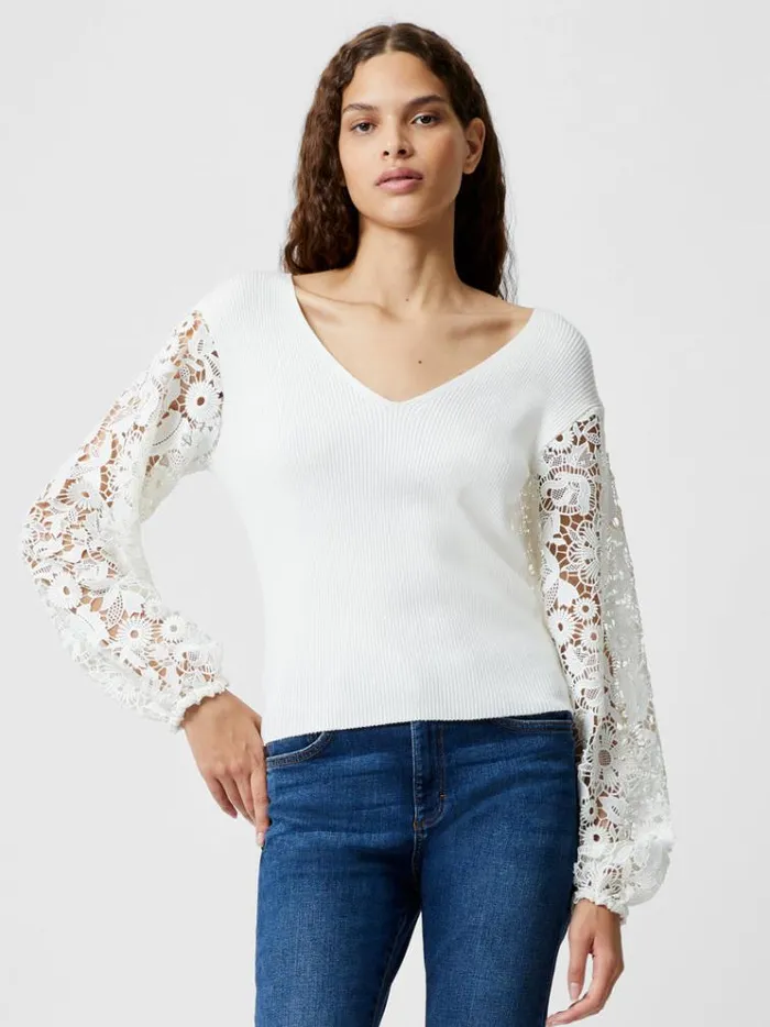 French Connection Jumpers and Cardigans Ribbed VNeck Lace Sleeve Jumper Winter White 8211 Woman French Connection Jumpers and Cardigans Ribbed VNeck Lace Sleeve Jumper Winter White 8211 Woman