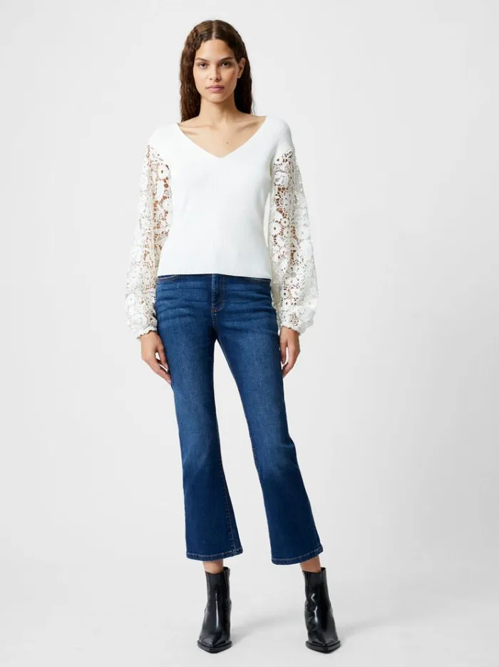 French Connection Jumpers and Cardigans Ribbed VNeck Lace Sleeve Jumper Winter White 8211 Woman