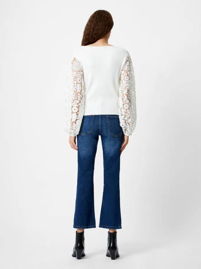 French Connection Jumpers and Cardigans Ribbed VNeck Lace Sleeve Jumper Winter White 8211 Woman