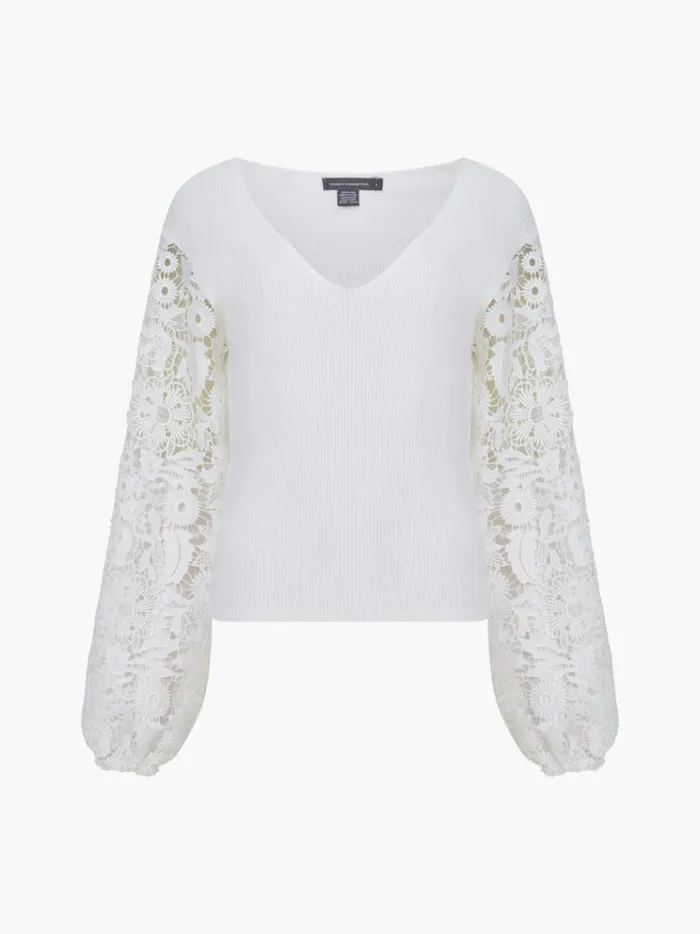 French Connection Jumpers and Cardigans Ribbed VNeck Lace Sleeve Jumper Winter White 8211 Woman