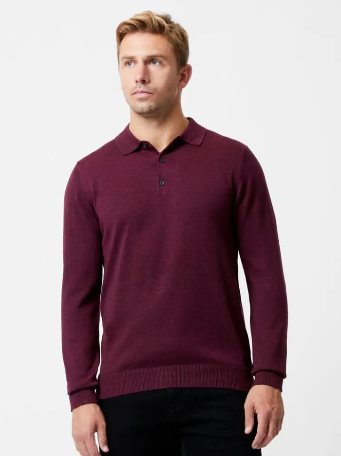 French Connection Knitwear 3 Button Knit Polo Shirt Burgandy Red 8211 Man